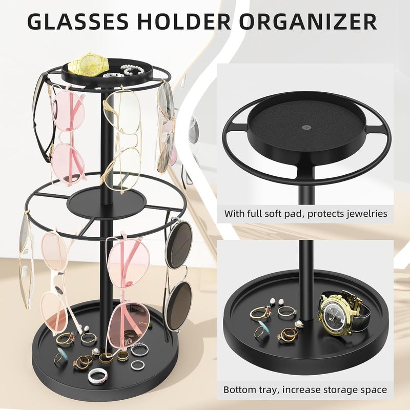 LSK 2 Tier Metal Sunglasses Organzier, Glasses Holder Stand with Storage Trays, Sunglasses Organizer Storage with Anti-Slip Pads for Tabletop, Desk, Dresser, Black - Image 1